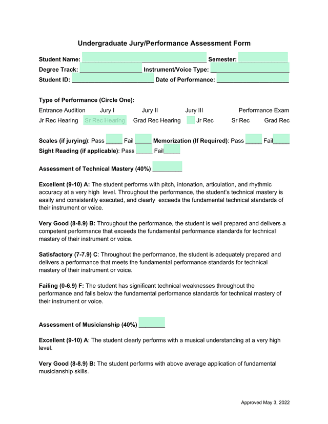 Undergraduate JuryPerformance Assessment Form screenshot