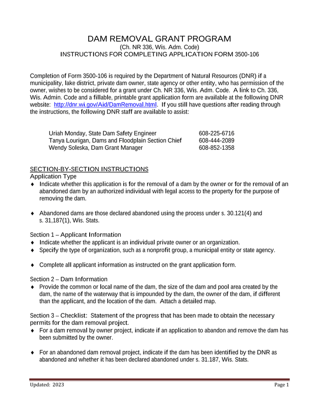 Dam Removal Grant Program Application Form 3500 106 screenshot