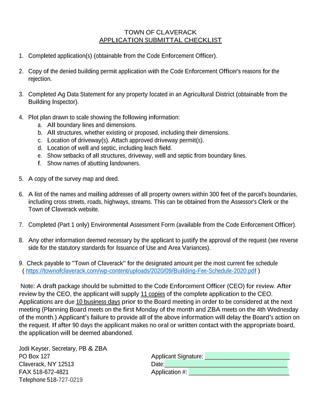 Town Of Claverack Application Submittal Checklist screenshot