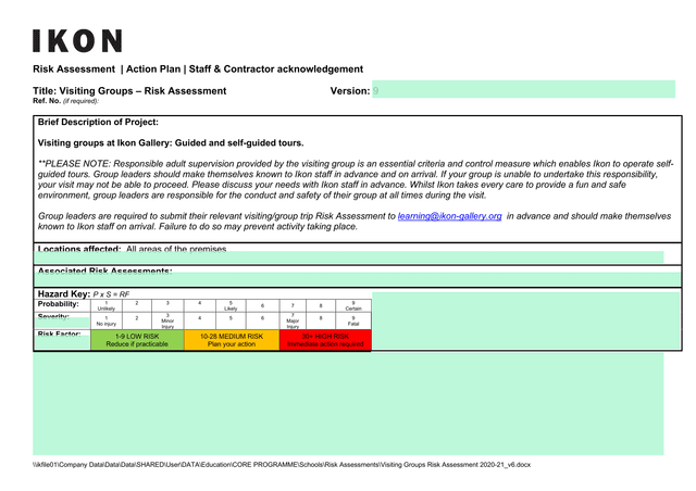 Visiting Groups  Risk Assessment screenshot