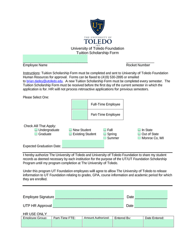 University Of Toledo Foundation Tuition Scholarship Form screenshot
