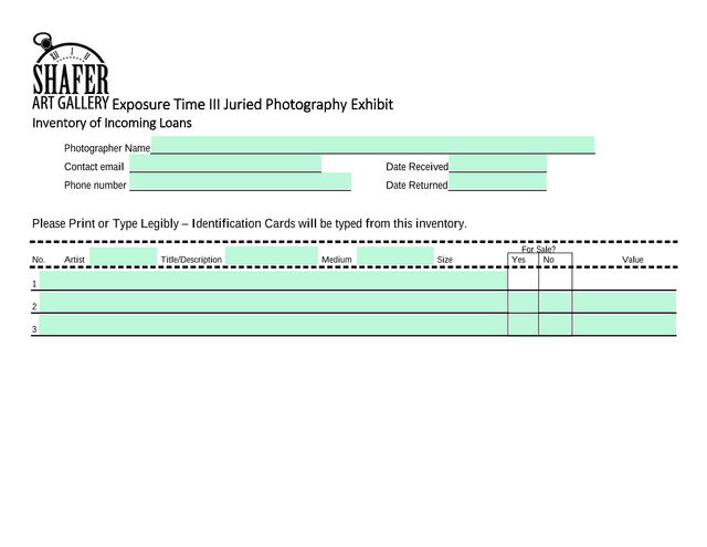 Exposure Time III Juried Photography Exhibit Inventory Of Incoming Loans screenshot