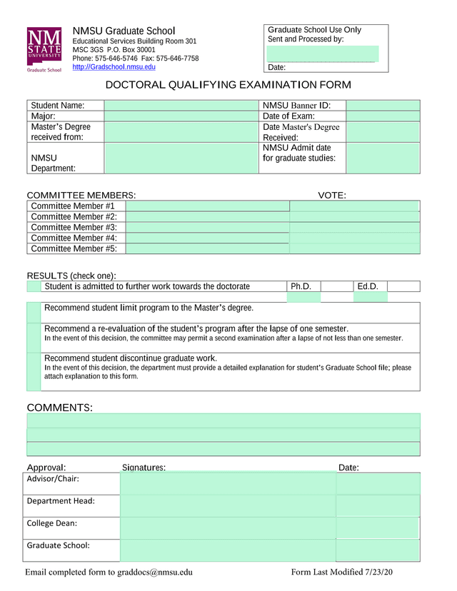 Doctoral Qualifying Examination Form screenshot