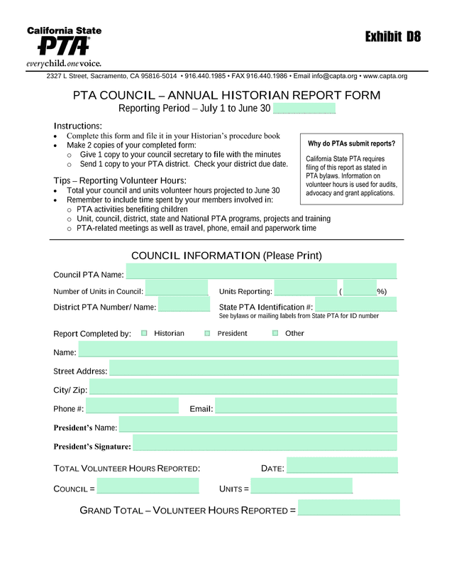 PTA Council  Annual Historian Report Form screenshot