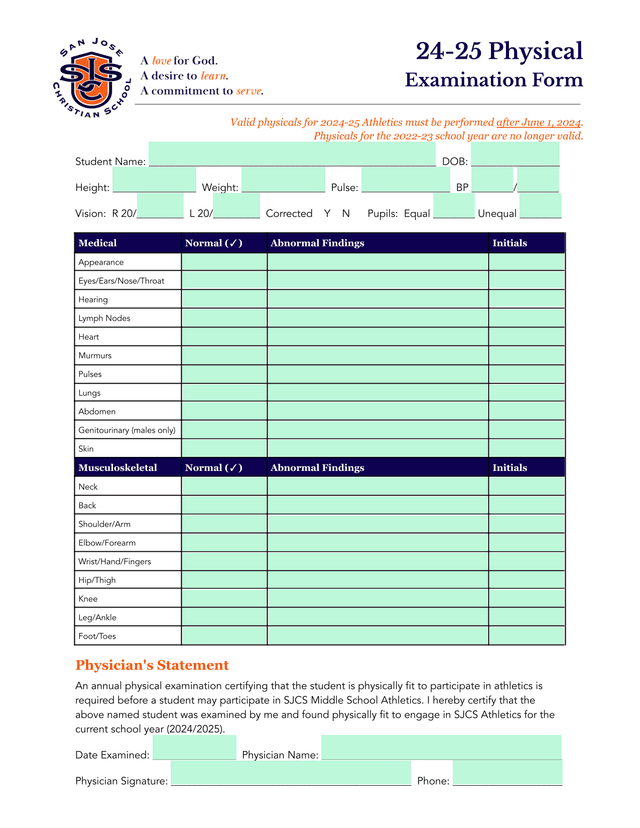 24 25 Physical Examination Form screenshot