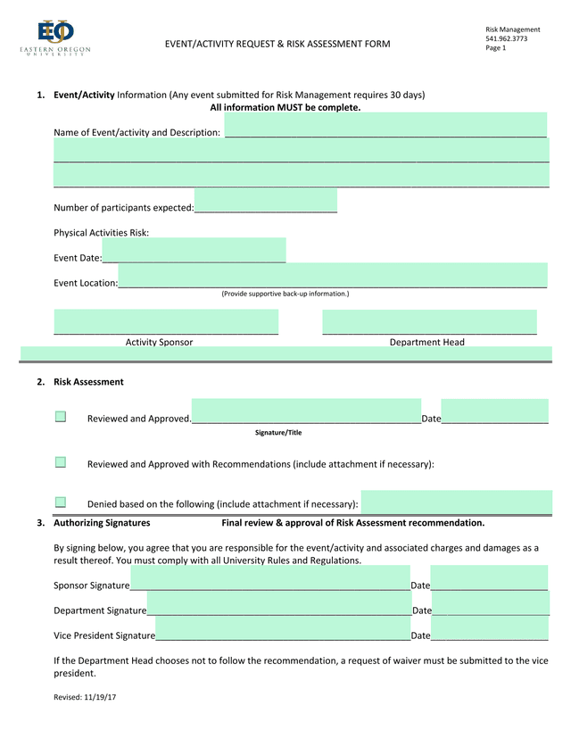 EVENTACTIVITY REQUEST  RISK ASSESSMENT FORM screenshot