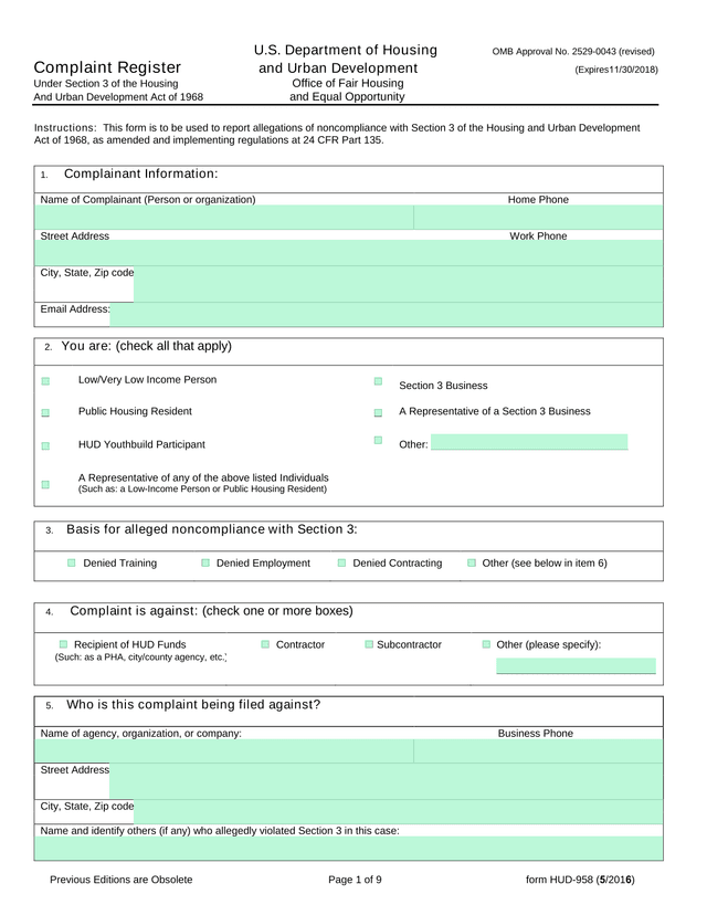 HUD 958 Complaint Register screenshot