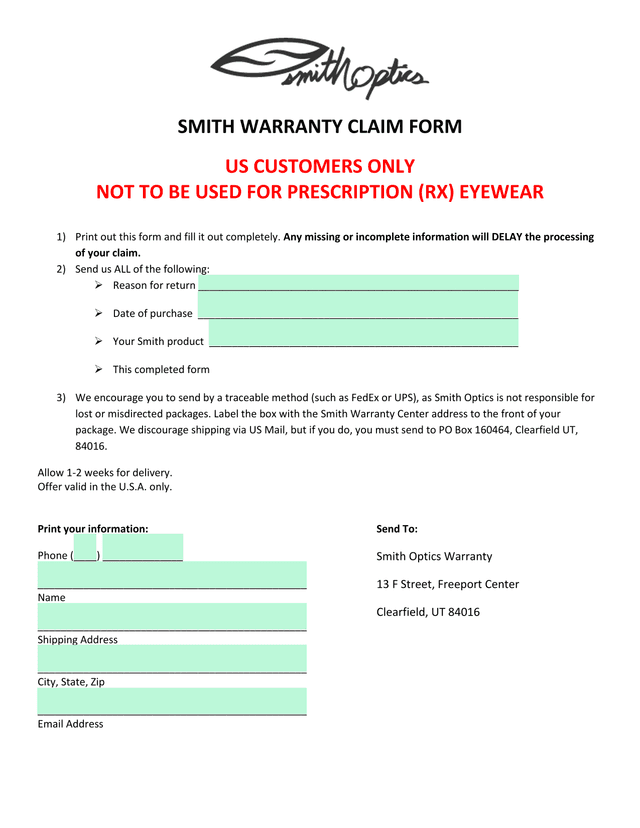 Smith Warranty Claim Form screenshot