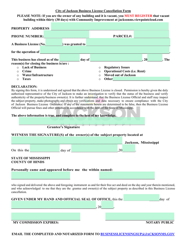 City Of Jackson Business License Cancellation Form screenshot