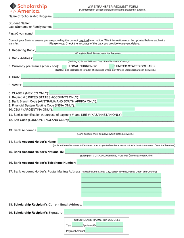 Wire Transfer Request Form screenshot