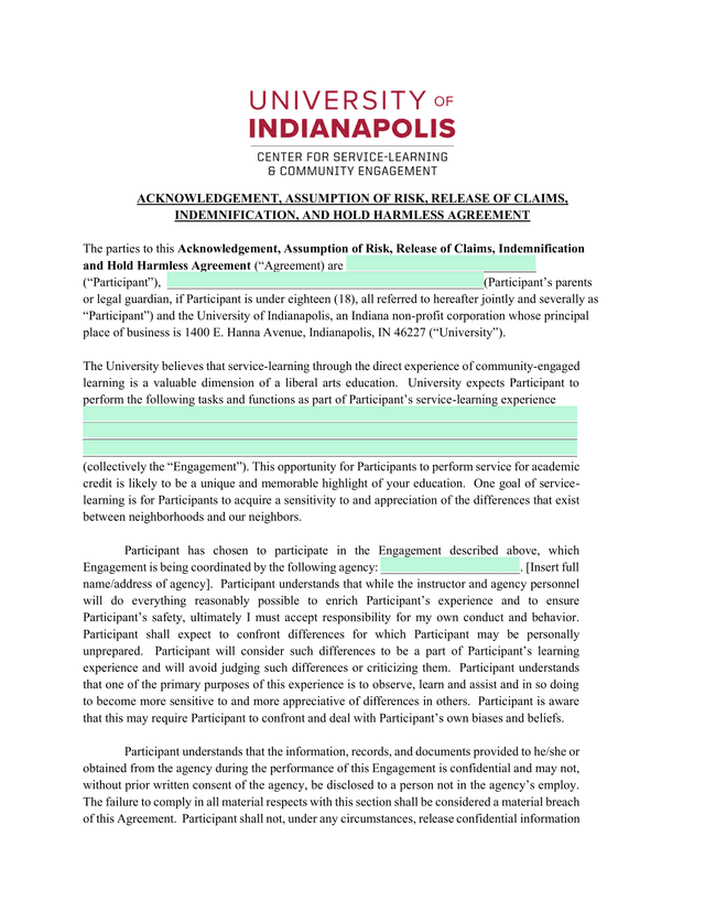 Acknowledgement, Assumption Of Risk, Release Of Claims, Indemnification, And Hold Harmless Agreement screenshot