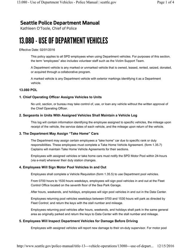 Seattle Police Department Manual   Use Of Department Vehicles screenshot
