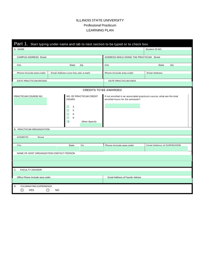 Professional Practicum Learning Plan screenshot