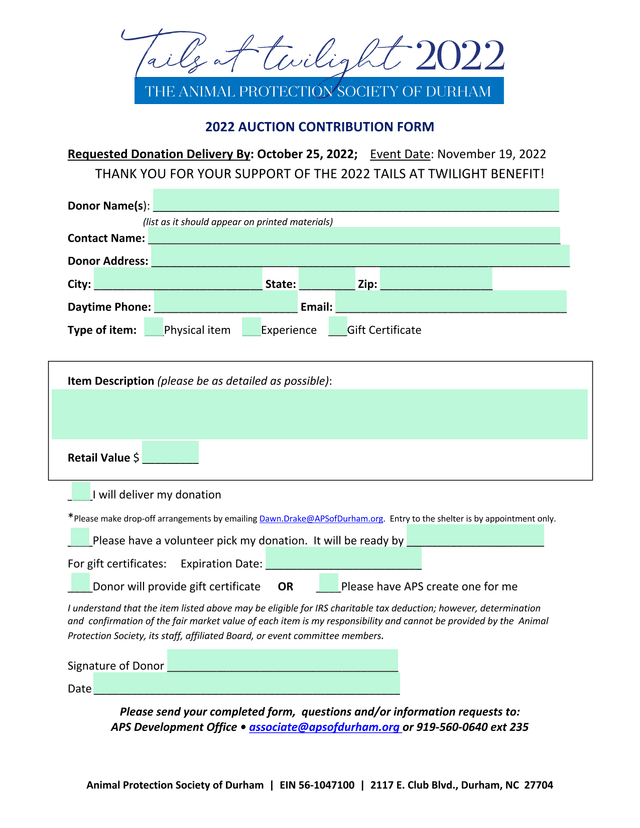 2022 Tails At Twilight Auction Contribution Form screenshot
