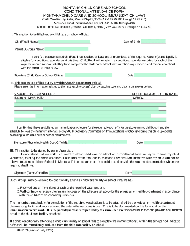 Montana Child Care And School Conditional Attendance Form screenshot