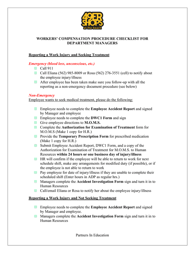 Workers Compensation Procedure Checklist For Department Managers screenshot
