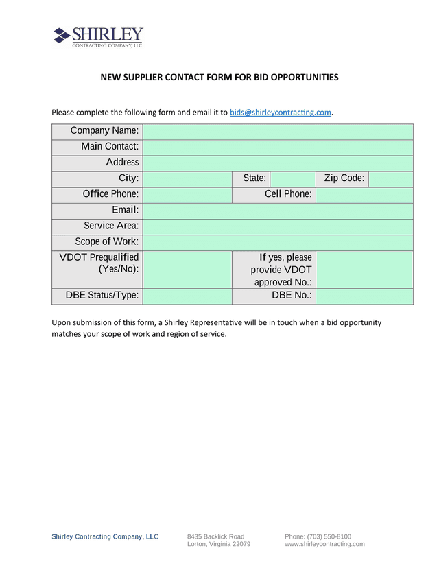 NEW SUPPLIER CONTACT FORM FOR BID OPPORTUNITIES screenshot