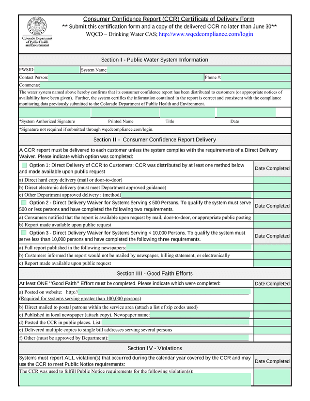 Consumer Confidence Report (CCR) Certificate Of Delivery Form screenshot