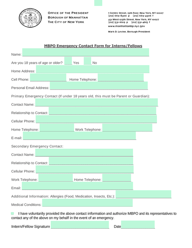 MBPO Emergency Contact Form For InternsFellows screenshot