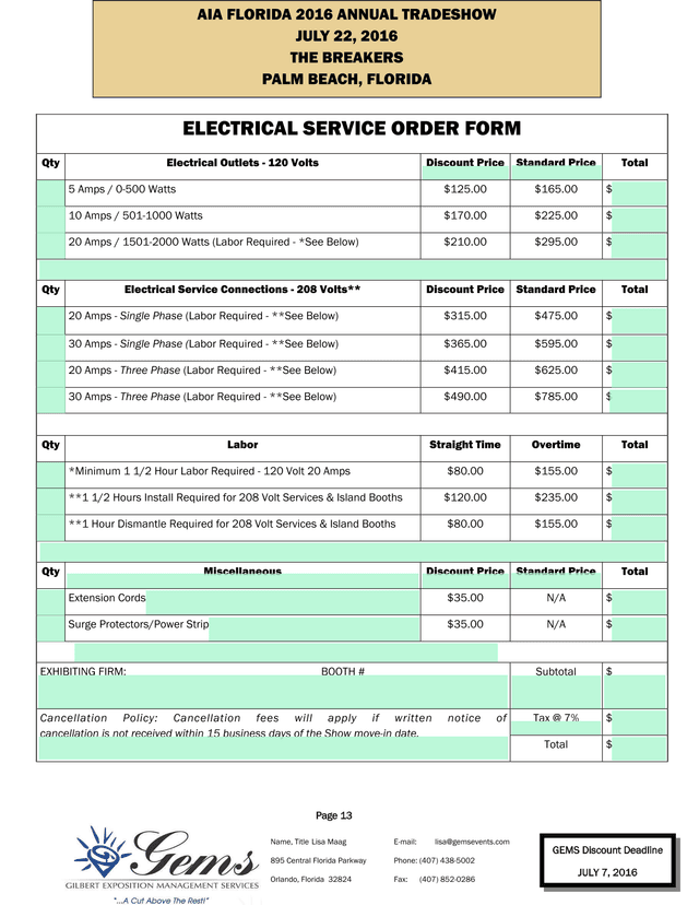 AIA FLORIDA 2016 ANNUAL TRADESHOW ELECTRICAL SERVICE ORDER FORM screenshot