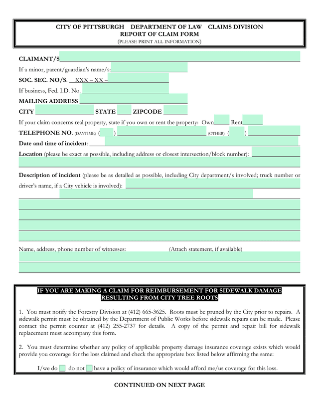 Report Of Claim Form screenshot