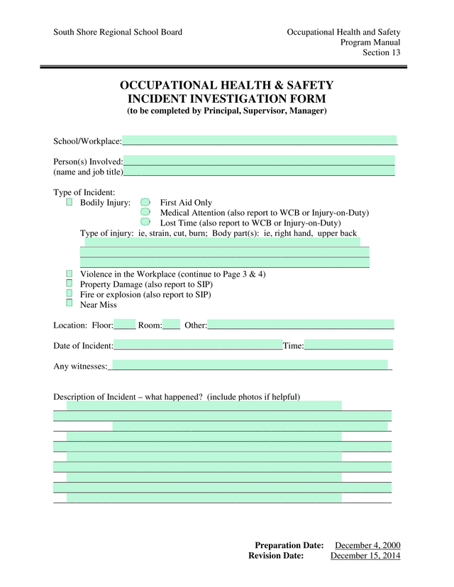 Occupational Health  Safety Incident Investigation Form screenshot