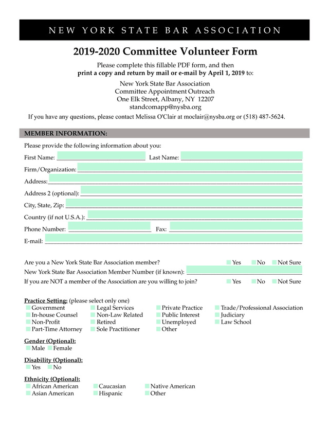 New York State Bar Association 2019 2020 Committee Volunteer Form screenshot