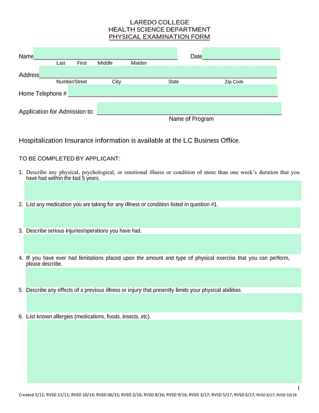 Physical Examination Form screenshot