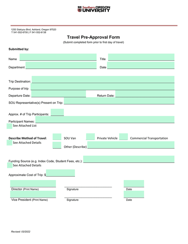 Travel Pre Approval Form screenshot