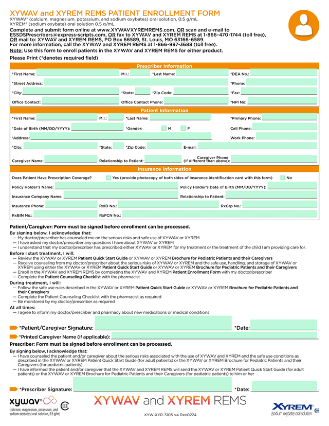 XYWAV And XYREM REMS PATIENT ENROLLMENT FORM screenshot