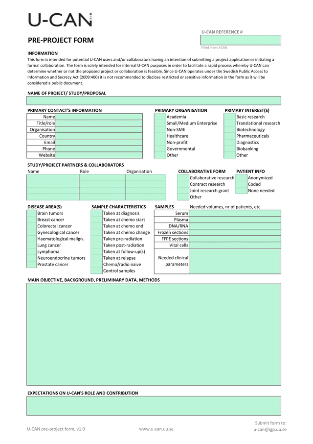 U CAN Pre Project Form screenshot