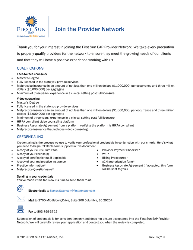 First Sun EAP Provider Network Credentialing Application screenshot
