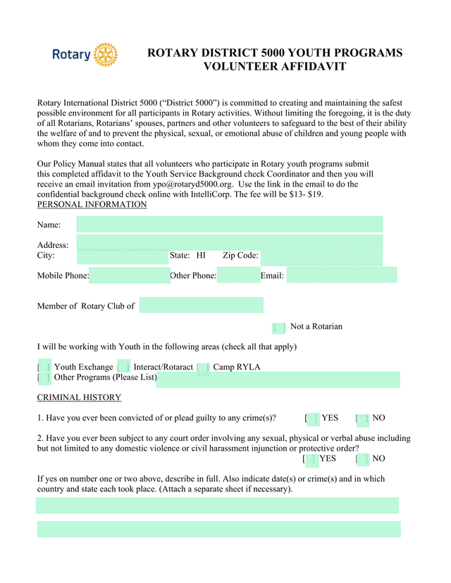 Rotary District 5000 Youth Programs Volunteer Affidavit screenshot