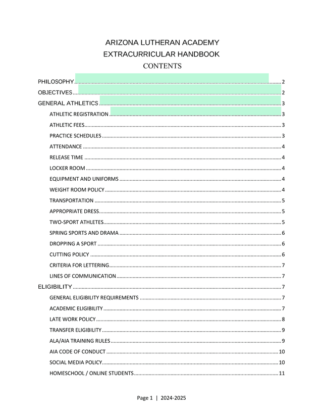 Arizona Lutheran Academy Extracurricular Handbook screenshot