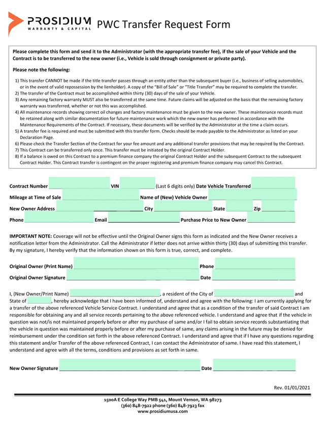 PWC Transfer Request Form screenshot