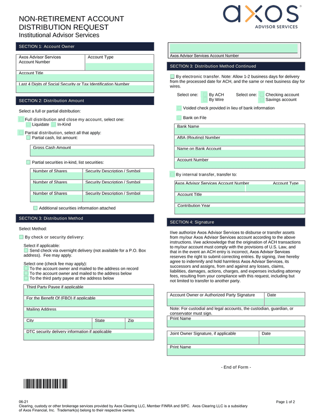 Non Retirement Account Distribution Request screenshot