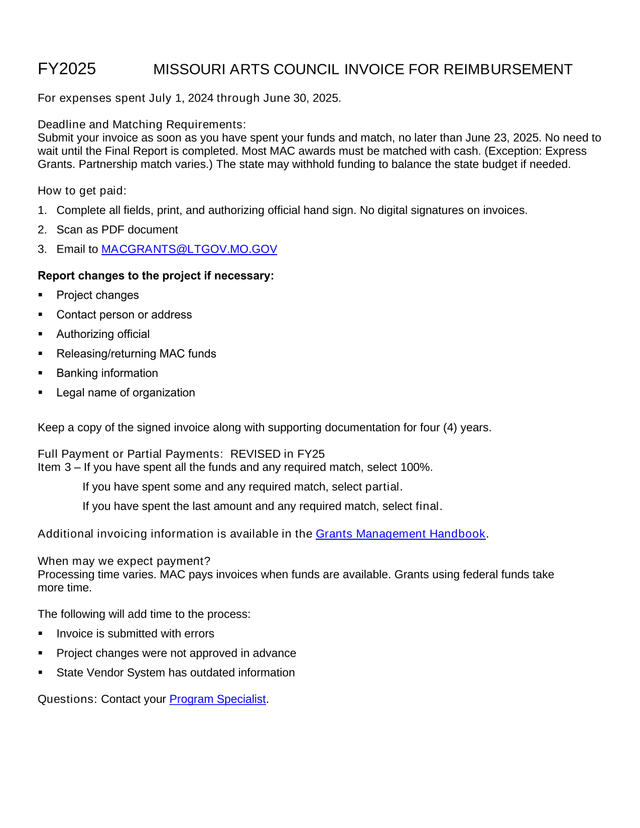 FY2025 Missouri Arts Council Invoice For Reimbursement screenshot