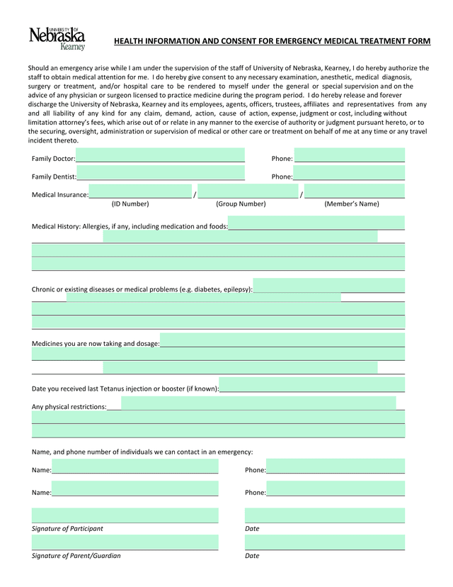 HEALTH INFORMATION AND CONSENT FOR EMERGENCY MEDICAL TREATMENT FORM screenshot