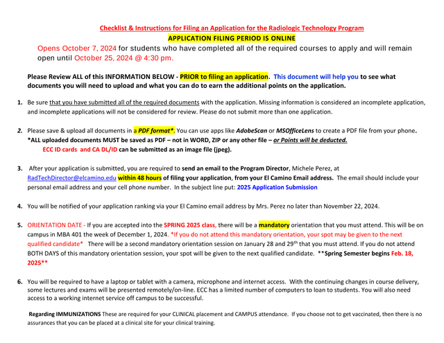 Checklist  Instructions For Filing An Application For The Radiologic Technology Program screenshot