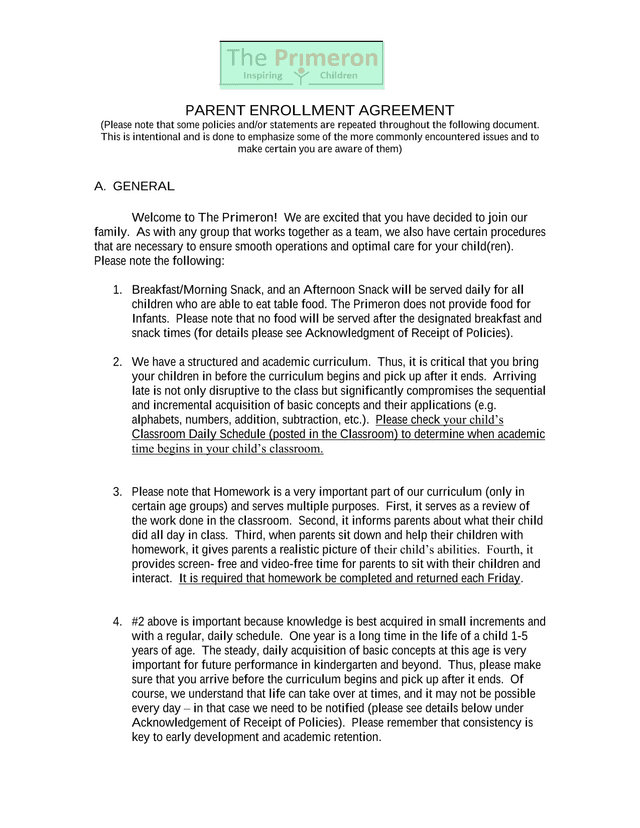 Parent Enrollment Agreement screenshot