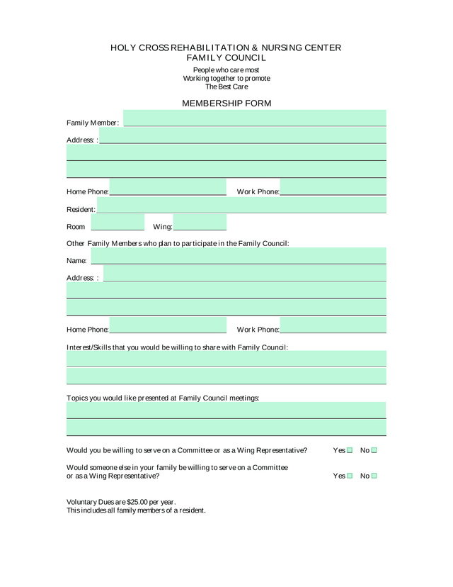 HOLY CROSS REHABILITATION  NURSING CENTER FAMILY COUNCIL MEMBERSHIP FORM screenshot