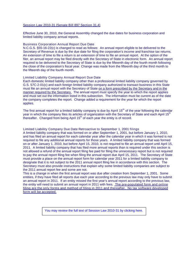 Session Law 2010 31 (Senate Bill 897 Section 31.4) screenshot