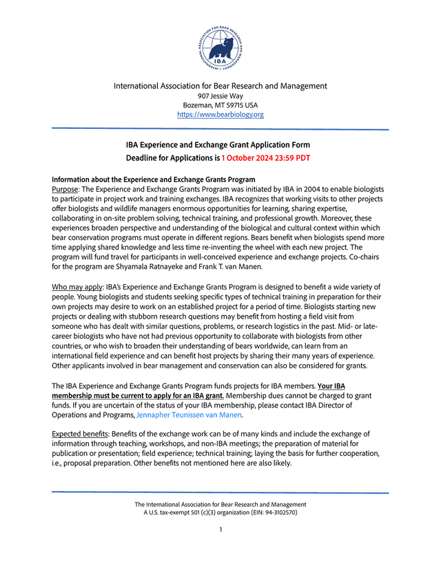 IBA Experience And Exchange Grant Application Form screenshot