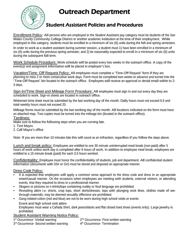 Student Assistant Policies And Procedures screenshot