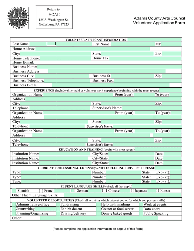 Adams County Arts Council Volunteer Application Form screenshot