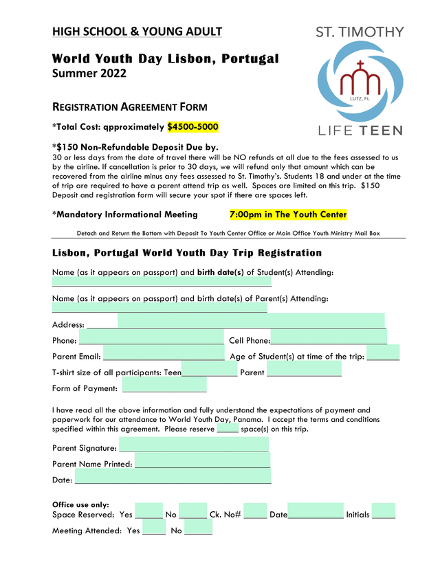 World Youth Day Lisbon, Portugal Registration Agreement Form screenshot