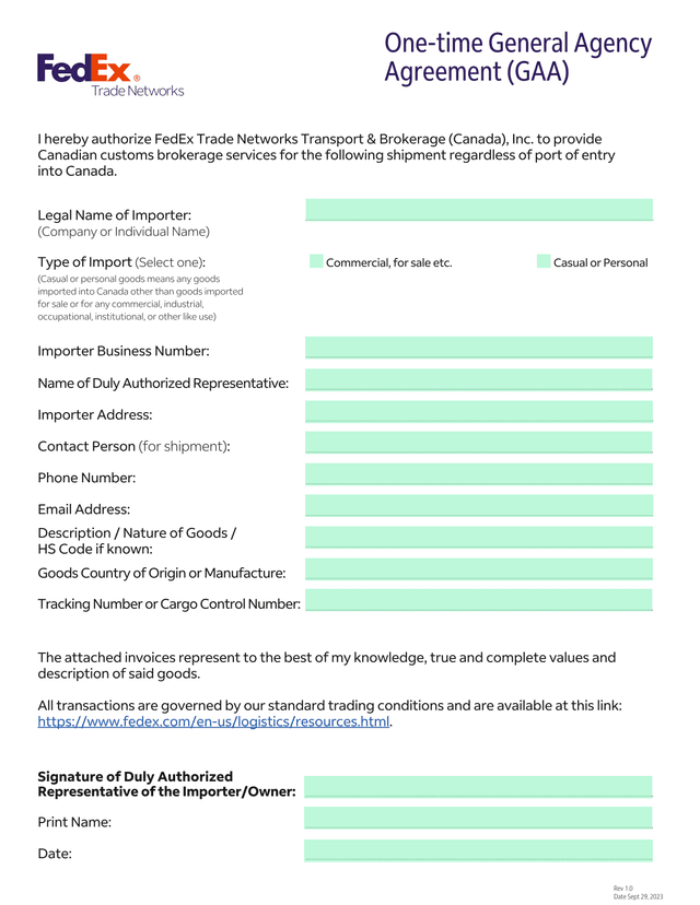 One Time General Agency Agreement (GAA) screenshot