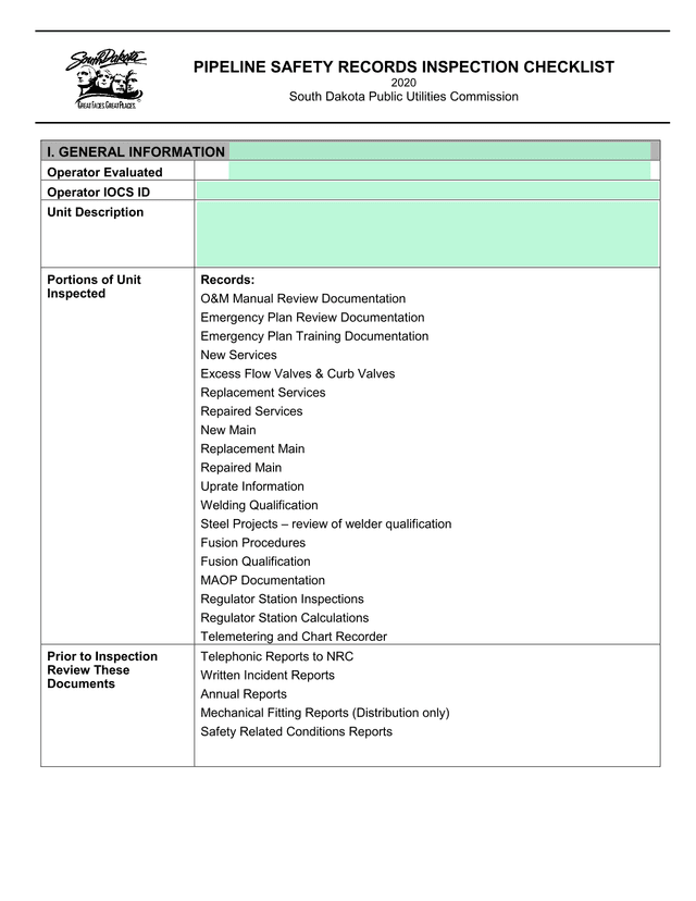 Pipeline Safety Records Inspection Checklist screenshot