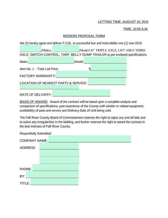 Bidders Proposal Form screenshot