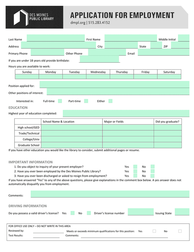 Employment Application screenshot